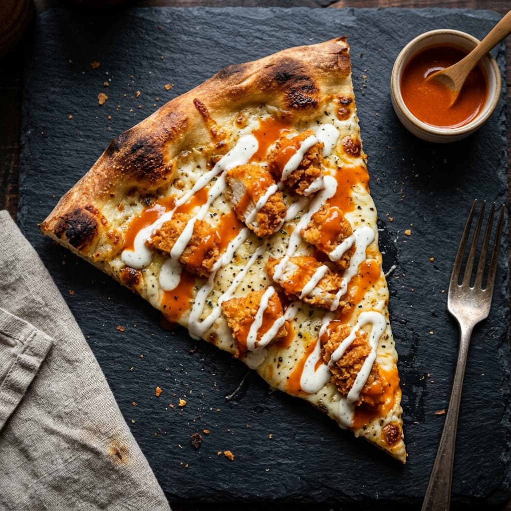 A Buffalo Chicken pizza slice with crispy fried chicken, buffalo sauce, and ranch drizzle