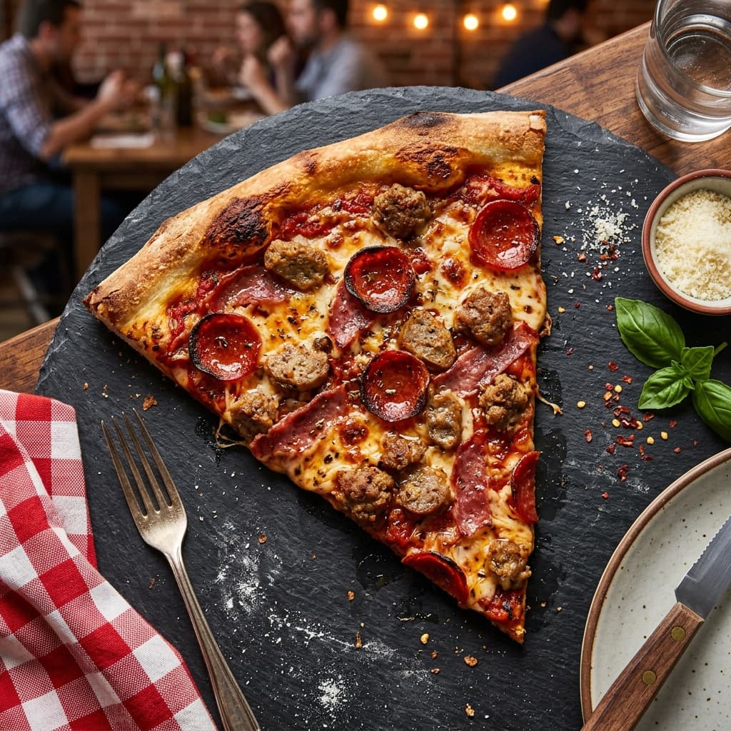 A Meat Lovers pizza slice piled with pepperoni, sausage, meatball, and salami