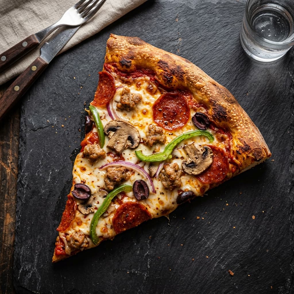 A NY-style Supreme pizza slice loaded with pepperoni, sausage, mushrooms, and veggies